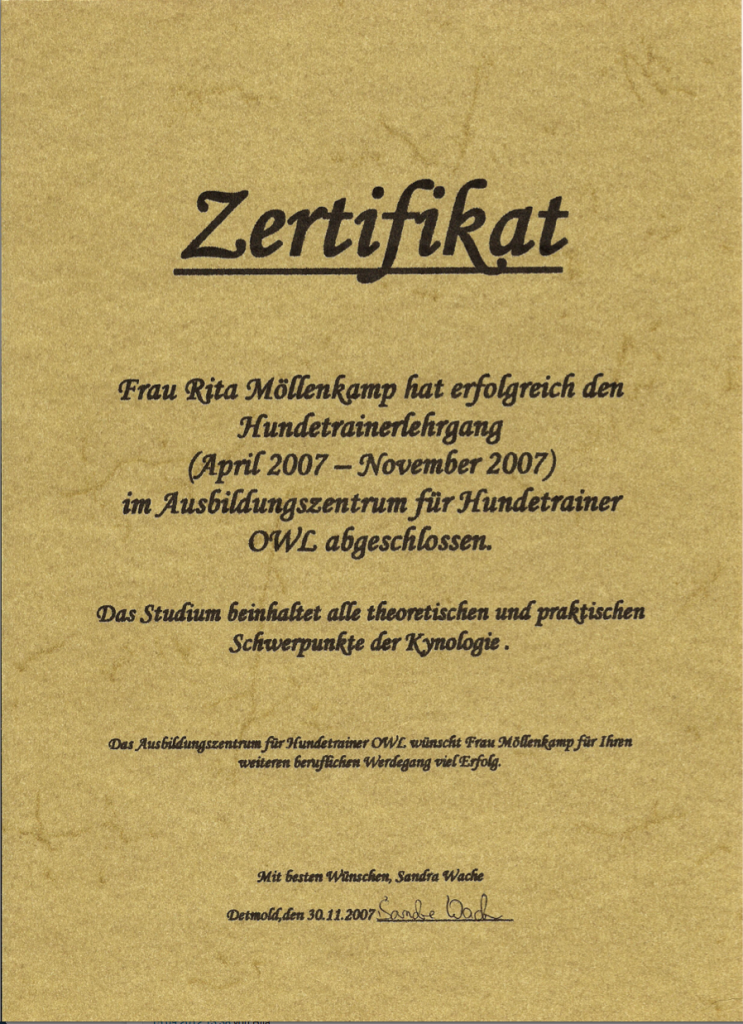 Zertifikat der Ausbildung von Hundetrainerin Rita Möllenkamp